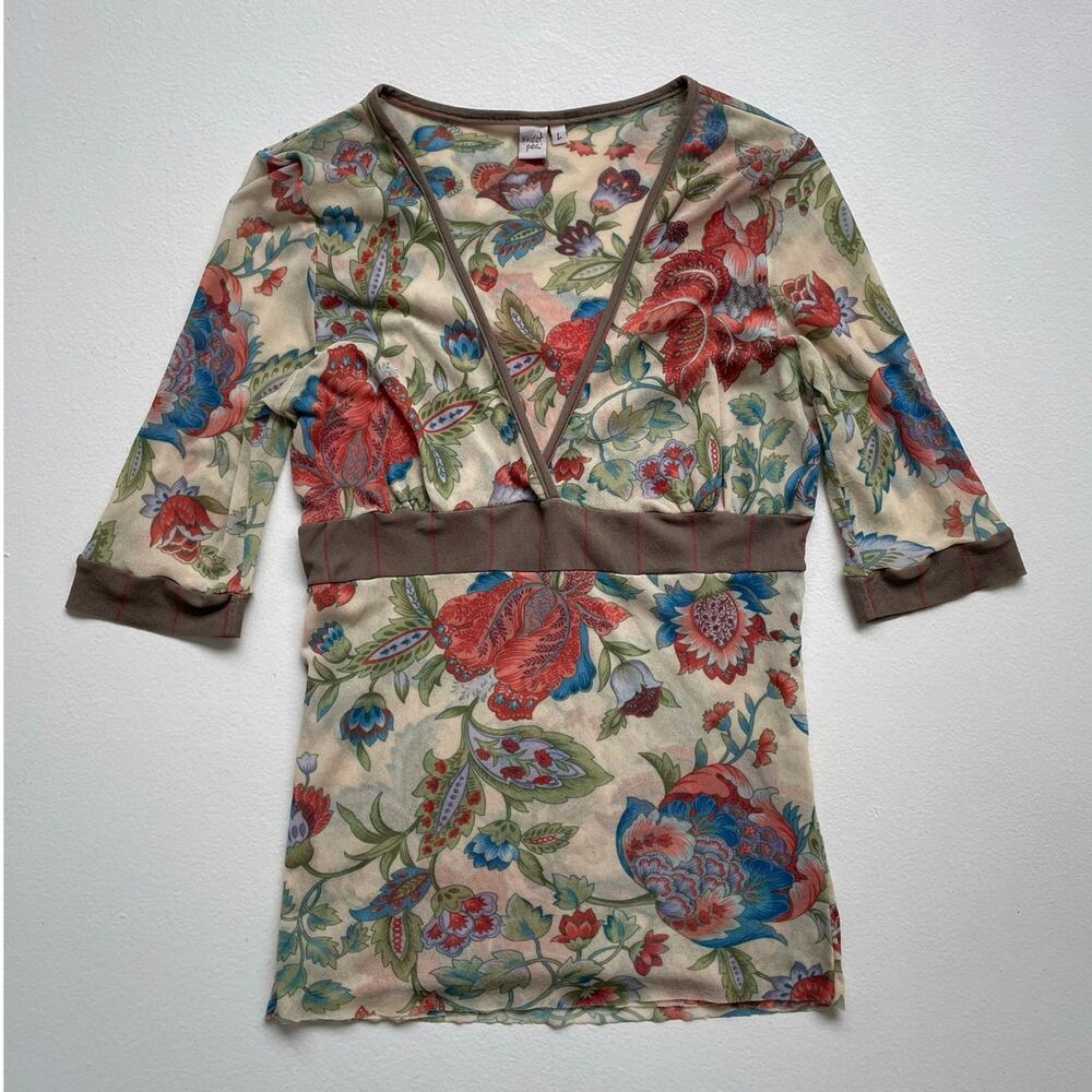 Vtg Y2K Neutral Floral Mesh Half Sleeve Top / SWEET PEA / Sz L Fairy Grunge Boho